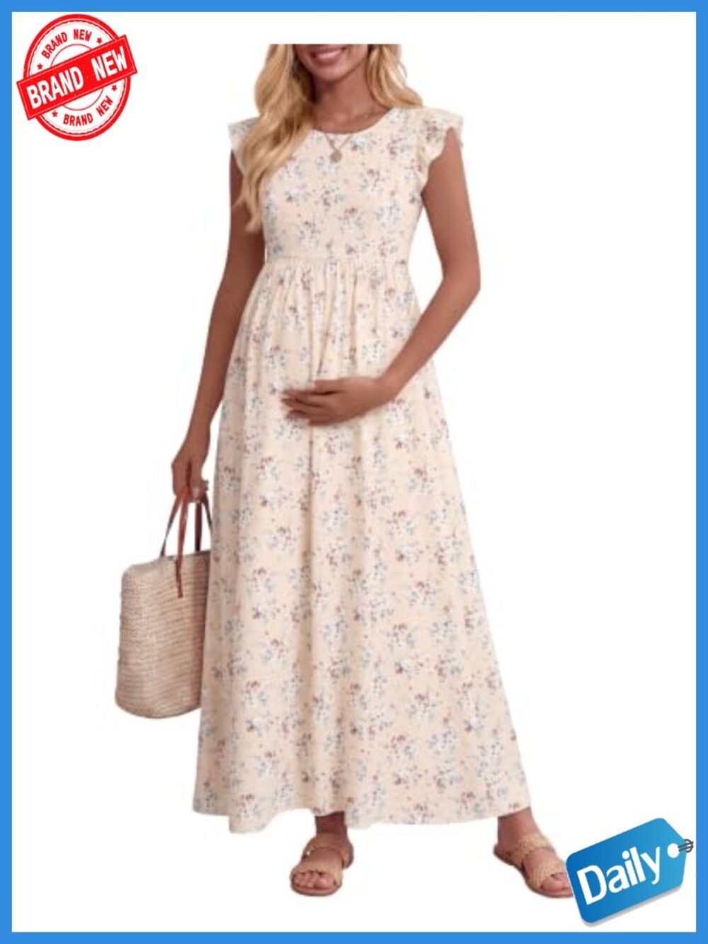 Maternity Dress Flowy A-Line High Waist Soft Breathable Ruffle Sleeve Summer